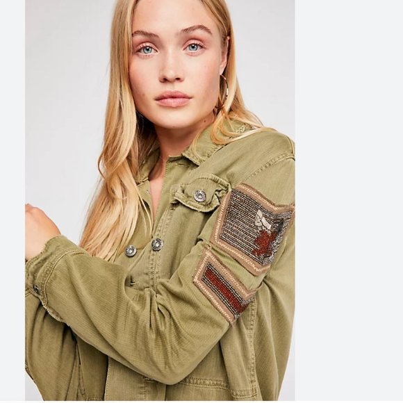 Free People women's S green military inspired jacket w/ eagle beaded motif EUC - Picture 2 of 10
